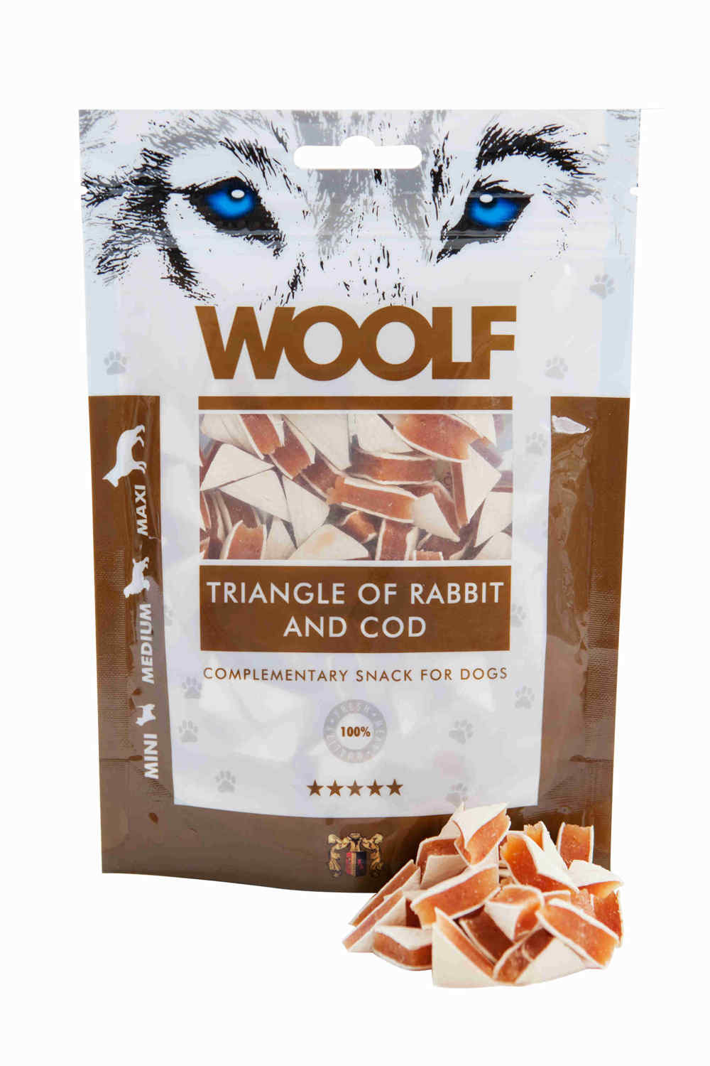 Woolf Rabbit and Cod Triangle 100gr   Perro Woolf