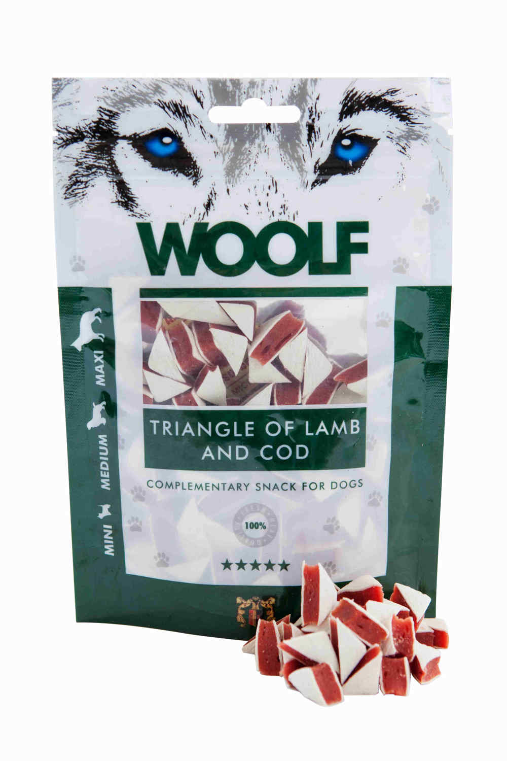 Woolf Lamb and Cod Triangle 100gr   Perro Woolf