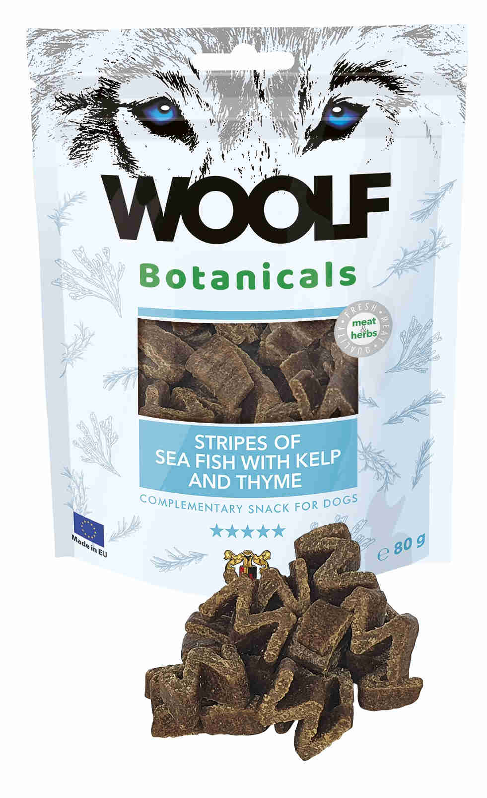 Woolf Botanicals Seafish Stripes with Kelp and Thyme 80gr (15uds)   Perro Woolf